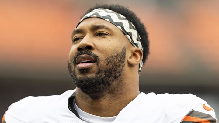 Dec 15, 2024; Cleveland, Ohio, USA; Cleveland Browns defensive end Myles Garrett (95) during warm ups before the game against the Kansas City Chiefs at Huntington Bank Field. Mandatory Credit: Scott Galvin-Imagn Images