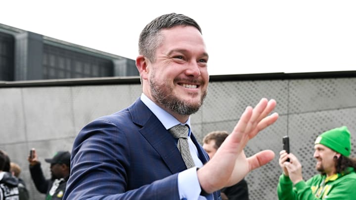 Dec 20, 2025; Eugene, OR, USA;  Oregon Ducks head coach Dan Lanning looks on before the game against the James Madison Dukes at Autzen Stadium. Mandatory Credit: Troy Wayrynen-Imagn Images