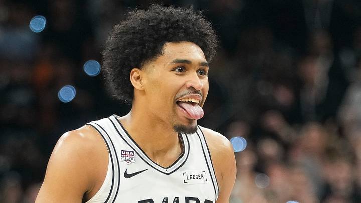 Jun 5, 2026; San Antonio, Texas, USA; San Antonio Spurs guard Dylan Harper (2) reacts in the fourth quarter during game two of the 2026 NBA Finals at Frost Bank Center. Mandatory Credit: Scott Wachter-Imagn Images