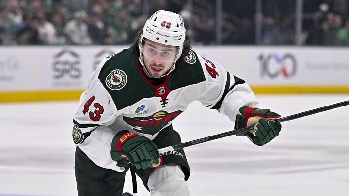 Apr 28, 2026; Dallas, Texas, USA; Minnesota Wild defenseman Quinn Hughes (43) skates against the Dallas Stars in game five of the first round of the 2026 Stanley Cup Playoffs at American Airlines Center. Mandatory Credit: Jerome Miron-Imagn Images Apr 28, 2026; Dallas, Texas, USA; Minnesota Wild defenseman Quinn Hughes (43) skates against the Dallas Stars in game five of the first round of the 2026 Stanley Cup Playoffs at American Airlines Center. Mandatory Credit: Jerome Miron-Imagn Images