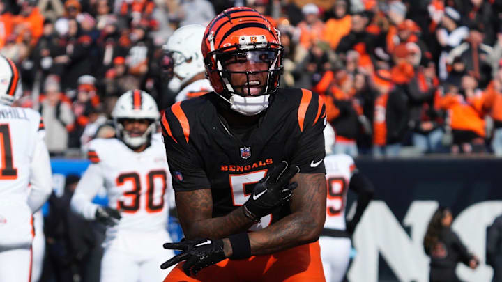 Cincinnati Bengals wide receiver Tee Higgins celebrates against the Cleveland Browns on Sunday, Dec. 22, 2024. Cincinnati Bengals wide receiver Tee Higgins celebrates against the Cleveland Browns on Sunday, Dec. 22, 2024.