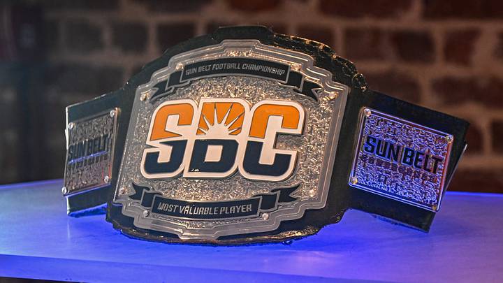 The Sun Belt Conference championship belt was on display at Sun Belt Football Media Day in New Orleans. The Sun Belt Conference championship belt was on display at Sun Belt Football Media Day in New Orleans.