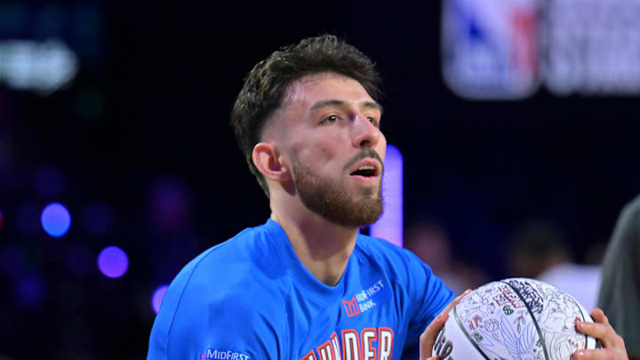 Feb 14, 2026; Los Angeles, CA, USA; Team All-Star center Chet Holmgren (7) of the Oklahoma City Thunder competes in the shooting stars competition during the 2026 NBA All Star Saturday Night at Intuit Dome. Mandatory Credit: Jayne Kamin-Oncea-Imagn Images Feb 14, 2026; Los Angeles, CA, USA; Team All-Star center Chet Holmgren (7) of the Oklahoma City Thunder competes in the shooting stars competition during the 2026 NBA All Star Saturday Night at Intuit Dome. Mandatory Credit: Jayne Kamin-Oncea-Imagn Images