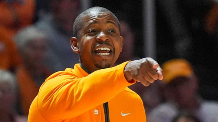 Tennessee associate head coach Justin Gainey points during an NCAA basketball game between the Tennessee Volunteers and Tennessee State Tigers at Thompson-Boling Arena at Food City Center in Knoxville, Tenn., on Nov. 20, 2025. Tennessee associate head coach Justin Gainey points during an NCAA basketball game between the Tennessee Volunteers and Tennessee State Tigers at Thompson-Boling Arena at Food City Center in Knoxville, Tenn., on Nov. 20, 2025.