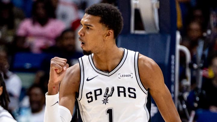 Oct 24, 2025; New Orleans, Louisiana, USA; San Antonio Spurs forward/center Victor Wembanyama (1) reacts to a play against the New Orleans Pelicans during the second half at Smoothie King Center. Mandatory Credit: Stephen Lew-Imagn Images Oct 24, 2025; New Orleans, Louisiana, USA; San Antonio Spurs forward/center Victor Wembanyama (1) reacts to a play against the New Orleans Pelicans during the second half at Smoothie King Center. Mandatory Credit: Stephen Lew-Imagn Images