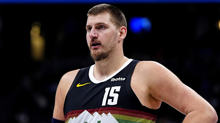 Dec 25, 2025; Denver, Colorado, USA; Denver Nuggets center Nikola Jokic (15) during the second half against the Minnesota Timberwolves at Ball Arena.