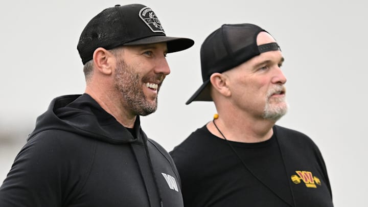Washington Commanders general manager Adam Peters and head coach Dan Quinn