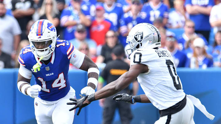 Sep 17, 2023; Orchard Park, New York, USA; Buffalo Bills wide receiver Stefon Diggs (14) runs a pass route as Las Vegas Raiders cornerback Jakorian Bennett (0) defends in the second quarter at Highmark Stadium. Mandatory Credit: Mark Konezny-Imagn Images Sep 17, 2023; Orchard Park, New York, USA; Buffalo Bills wide receiver Stefon Diggs (14) runs a pass route as Las Vegas Raiders cornerback Jakorian Bennett (0) defends in the second quarter at Highmark Stadium. Mandatory Credit: Mark Konezny-Imagn Images