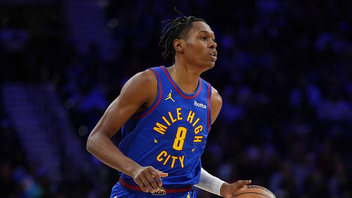 Jan 31, 2025; Philadelphia, Pennsylvania, USA; Denver Nuggets guard Peyton Watson (8) controls the ball against the Philadelphia 76ers in the second quarter at Wells Fargo Center. Jan 31, 2025; Philadelphia, Pennsylvania, USA; Denver Nuggets guard Peyton Watson (8) controls the ball against the Philadelphia 76ers in the second quarter at Wells Fargo Center.