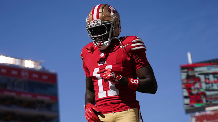Oct 20, 2024; Santa Clara, California, USA; San Francisco 49ers wide receiver Brandon Aiyuk (11) walks on the field before the start of the game against the Kansas City Chiefs at Levi's Stadium. Mandatory Credit: Cary Edmondson-Imagn Images