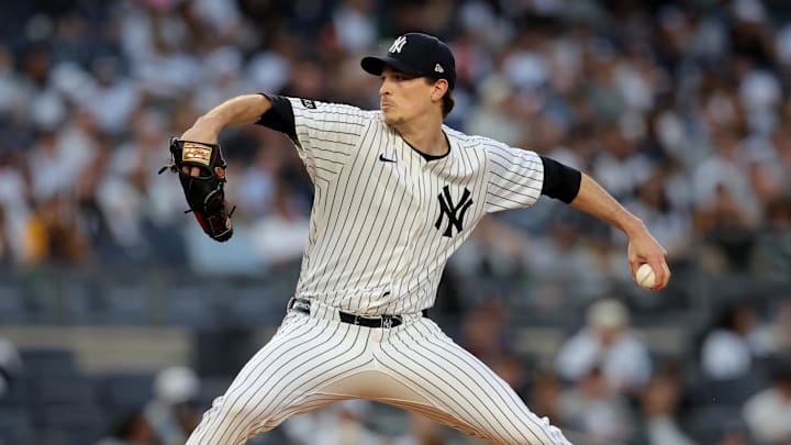 May 7, 2025; Bronx, New York, USA; New York Yankees starting pitcher Max Fried (54) pitches against the San Diego Padres during the second inning at Yankee Stadium. 