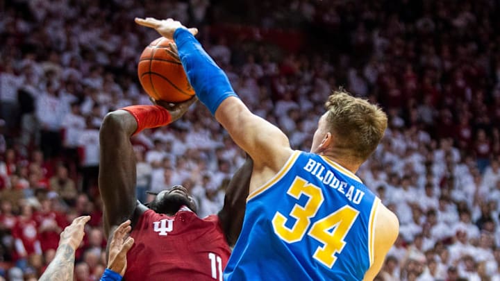 Indiana's Oumar Ballo (11) is blocked byUCLA's Tyler Bilodeau (34) during the Indiana versus UCLA men's basketball game at Simon Skjodt Assembly Hall on Friday, Feb. 14, 2025.