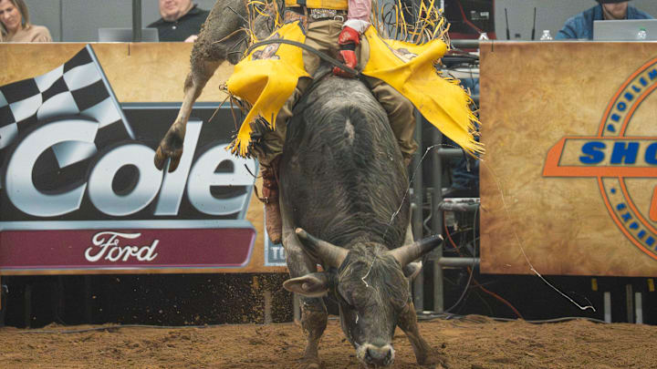 A bull rider competing