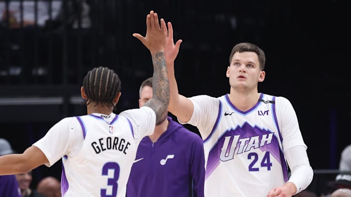 Oct 29, 2025; Salt Lake City, Utah, USA; Utah Jazz guard Keyonte George (3) and center Walker Kessler (24) react to a play against the Portland Trail Blazers during the first quarter at Delta Center. Mandatory Credit: Rob Gray-Imagn Images Oct 29, 2025; Salt Lake City, Utah, USA; Utah Jazz guard Keyonte George (3) and center Walker Kessler (24) react to a play against the Portland Trail Blazers during the first quarter at Delta Center. Mandatory Credit: Rob Gray-Imagn Images