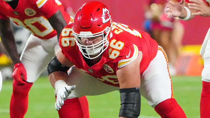 Aug 22, 2025; Kansas City, Missouri, USA; Kansas City Chiefs guard Mike Caliendo (66) at the line of scrimmage against the Chicago Bears during the game at GEHA Field at Arrowhead Stadium. Aug 22, 2025; Kansas City, Missouri, USA; Kansas City Chiefs guard Mike Caliendo (66) at the line of scrimmage against the Chicago Bears during the game at GEHA Field at Arrowhead Stadium.