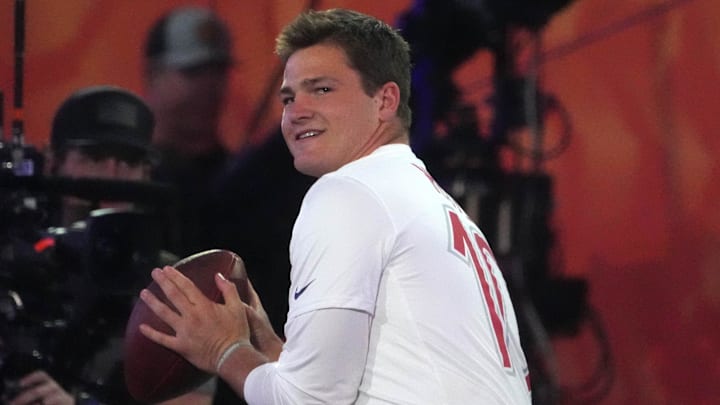 Jan 30, 2025; Orlando, FL, USA; AFC quarterback Drake Maye (10) throws the ball during the Passing the Test event at the Pro Bowl Skills Challenge at Nicholson Fieldhouse. Mandatory Credit: Kirby Lee-Imagn Images