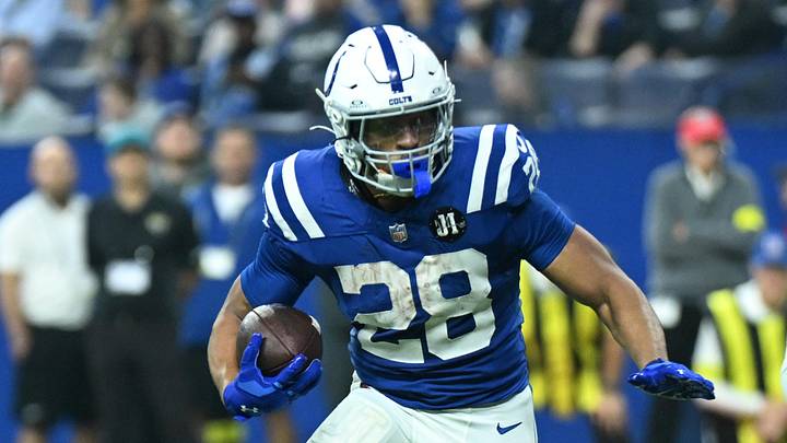 Dec 28, 2025; Indianapolis, Indiana, USA; Indianapolis Colts running back Jonathan Taylor (28) runs during the first half against the Jacksonville Jaguars at Lucas Oil Stadium. Mandatory Credit: Robert Goddin-Imagn Images