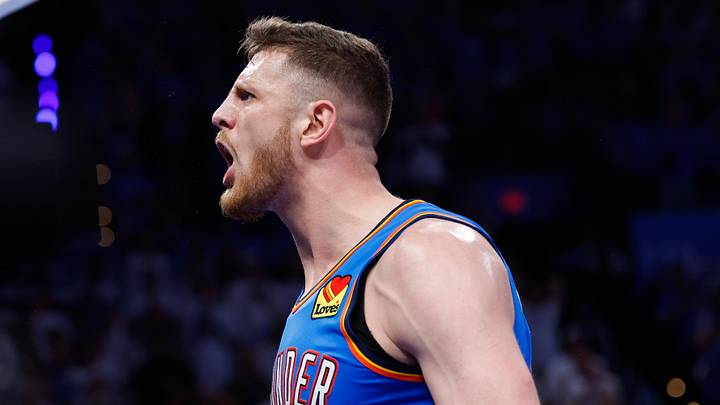 May 20, 2026; Oklahoma City, Oklahoma, USA; Oklahoma City Thunder center Isaiah Hartenstein (55) reacts to a play during the fourth quarter against the San Antonio Spurs during game two of the western conference finals for the 2026 NBA playoffs at Paycom Center. Mandatory Credit: Alonzo Adams-Imagn Images