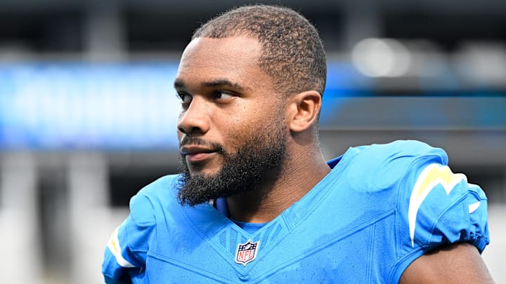 Sep 15, 2024; Charlotte, North Carolina, USA; Los Angeles Chargers running back J.K. Dobbins (27) after the game at Bank of America Stadium. Mandatory Credit: Bob Donnan-Imagn Images Sep 15, 2024; Charlotte, North Carolina, USA; Los Angeles Chargers running back J.K. Dobbins (27) after the game at Bank of America Stadium. Mandatory Credit: Bob Donnan-Imagn Images