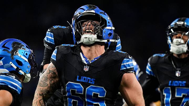 Detroit Lions edge rusher Eric O'Neill (66) celebrates a special team play against Green Bay Packers at Ford Field Detroit Lions edge rusher Eric O'Neill (66) celebrates a special team play against Green Bay Packers at Ford Field