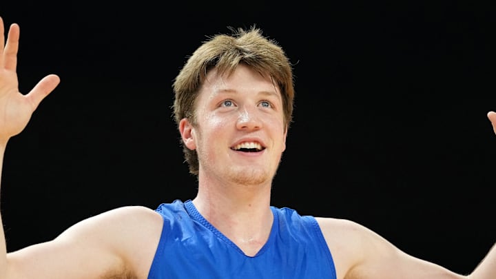 Apr 4, 2025; San Antonio, TX, USA; Duke Blue Devils guard Kon Knueppel (7) during a practice session for the Final Four of the 2025 NCAA tournament at Alamodome. Mandatory Credit: Bob Donnan-Imagn Images