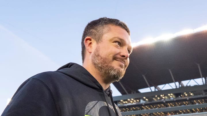 Oregon head coach Dan Lanning walks off after his win as the Oregon Ducks host the USC Trojans on Nov. 22, 2025, at Autzen Stadium in Eugene, Oregon.