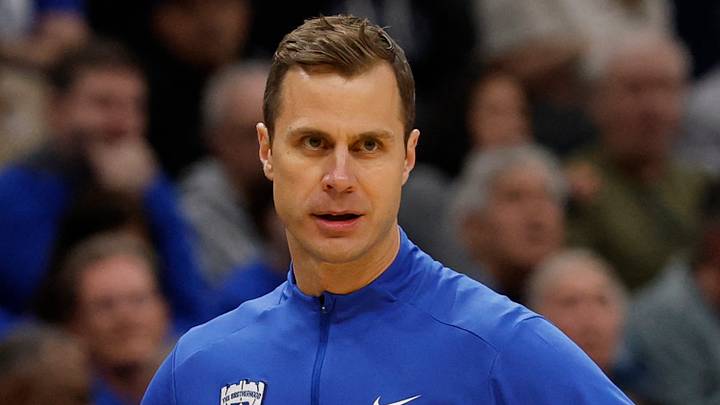 Mar 29, 2026; Washington, DC, USA; Duke Blue Devils head coach Jon Scheyer looks on against the UConn Huskies in the first half during an Elite Eight game of the East Regional of the men's 2026 NCAA Tournament at Capital One Arena. Mandatory Credit: Geoff Burke-Imagn Images Mar 29, 2026; Washington, DC, USA; Duke Blue Devils head coach Jon Scheyer looks on against the UConn Huskies in the first half during an Elite Eight game of the East Regional of the men's 2026 NCAA Tournament at Capital One Arena. Mandatory Credit: Geoff Burke-Imagn Images