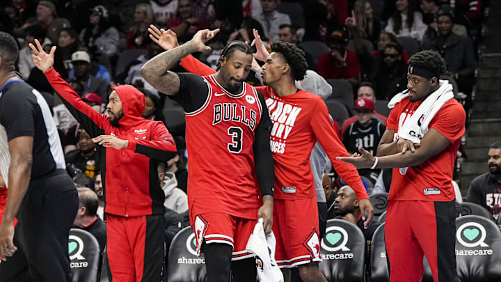 Feb 12, 2024; Atlanta, Georgia, USA; The Chicago Bulls bench including center Andre Drummond (3) react during the game against the Atlanta Hawks during the second half at State Farm Arena. Mandatory Credit: Dale Zanine-Imagn Images Feb 12, 2024; Atlanta, Georgia, USA; The Chicago Bulls bench including center Andre Drummond (3) react during the game against the Atlanta Hawks during the second half at State Farm Arena. Mandatory Credit: Dale Zanine-Imagn Images