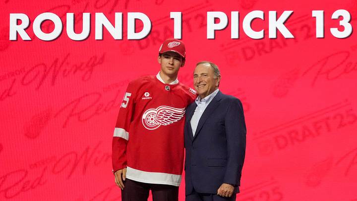 Jun 27, 2025; Los Angeles, California, USA; Carter Bear is selected as the 13th overall pick to the Detroit Red Wings in the first round of the 2025 NHL Draft at Peacock Theater. Mandatory Credit: Kirby Lee-Imagn Images