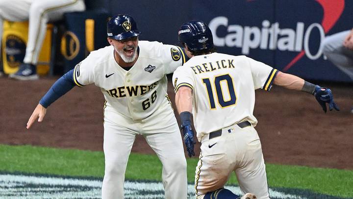 Oct 24, 2026; Milwaukee, Wisconsin, USA; Milwaukee Brewers outfielder Sal Frelick (10) celebrates with third base coach Matt Erickson (68) after hitting a solo home run against the Tampa Bay Rays during the sixth inning in game two of the 2026 World Series at American Family Field. Mandatory Credit: Matt Marton-Imagn Images Oct 24, 2026; Milwaukee, Wisconsin, USA; Milwaukee Brewers outfielder Sal Frelick (10) celebrates with third base coach Matt Erickson (68) after hitting a solo home run against the Tampa Bay Rays during the sixth inning in game two of the 2026 World Series at American Family Field. Mandatory Credit: Matt Marton-Imagn Images