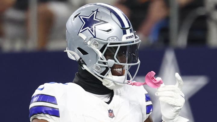 Sep 28, 2025; Arlington, Texas, USA; Dallas Cowboys wide receiver George Pickens (3) celebrates after scoring a touchdown in the fourth quarter against the Green Bay Packers at AT&T Stadium. Mandatory Credit: Kevin Jairaj-Imagn Images