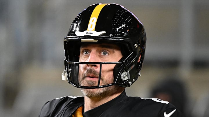 Pittsburgh Steelers quarterback Aaron Rodgers warms up before an AFC Wild Card Round game against the Houston Texans