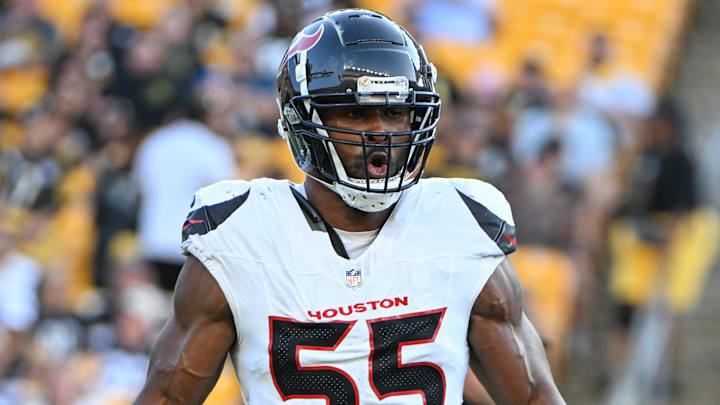 Aug 9, 2024; Pittsburgh, Pennsylvania, USA;  Houston Texans defensive end Danielle Hunter (55) celebrates after sacking Pittsburgh Steelers quarterback Justin Fields (2) during the first quarter at Acrisure Stadium. Mandatory Credit: Barry Reeger-Imagn Images