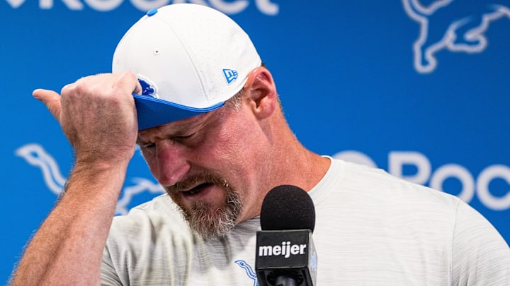 Detroit Lions head coach Dan Campbell speaks at a press conference during training camp at Meijer Performance Center in Allen Park on Sunday, July 20, 2025.