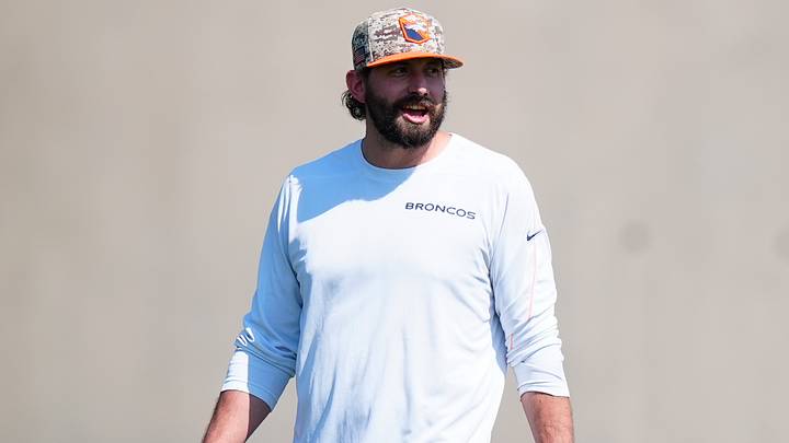 Jul 31, 2026; Englewood, CO, USA; Denver Broncos offensive coordinator Davis Webb during training camp at Broncos Park. Jul 31, 2026; Englewood, CO, USA; Denver Broncos offensive coordinator Davis Webb during training camp at Broncos Park.