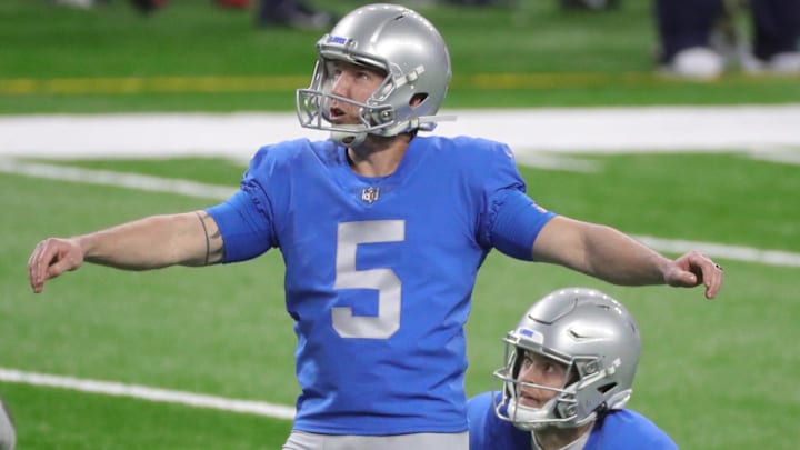 Lions kicker Matt Prater kicks a field goal against the Houston Texans during the second half of the Lions' 41-25 loss at Ford Field Thursday, Nov. 26, 2020.
