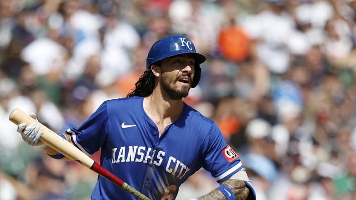 Aug 24, 2025; Detroit, Michigan, USA; Kansas City Royals second baseman Jonathan India (6) hits a double during an at bat in the sixth inning against the Detroit Tigers at Comerica Park. Mandatory Credit: Brian Bradshaw Sevald-Imagn Images