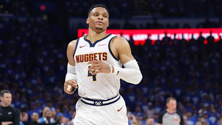 May 18, 2025; Oklahoma City, Oklahoma, USA; Denver Nuggets guard Russell Westbrook (4) runs down the court against the Oklahoma City Thunder in the second quarter during game seven of the second round for the 2025 NBA Playoffs at Paycom Center. Mandatory Credit: Alonzo Adams-Imagn Images