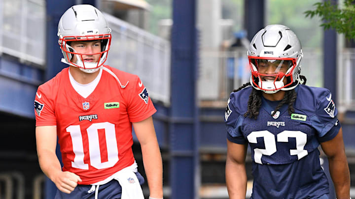 Jun 9, 2025; Foxborough, MA, USA; New England Patriots quarterback Drake Maye (10) and safety Kyle Dugger (23) walk to the practice fields at Gillette Stadium. Mandatory Credit: Eric Canha-Imagn Images