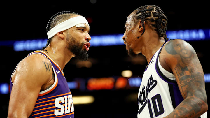 Oct 22, 2025; Phoenix, Arizona, USA; Phoenix Suns forward Dillon Brooks (3) and Sacramento Kings guard DeMar DeRozan (10) exchange words during the second half at the Mortgage Matchup Center. Oct 22, 2025; Phoenix, Arizona, USA; Phoenix Suns forward Dillon Brooks (3) and Sacramento Kings guard DeMar DeRozan (10) exchange words during the second half at the Mortgage Matchup Center.