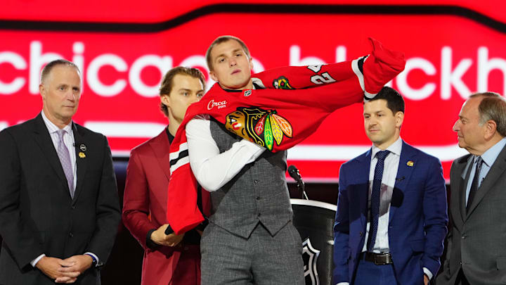 Jun 28, 2024; Las Vegas, Nevada, USA; Artyom Levshunov is selected with the 2nd overall pick in the first round of the 2024 NHL Draft by the Chicago Blackhawks at The Sphere. Mandatory Credit: Stephen R. Sylvanie-Imagn Images