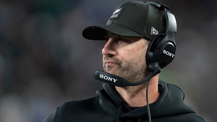Philadelphia Eagles head coach Nick Sirianni coaches from the sidelines during a Thursday Night Football game between the New York Giants and the Philadelphia Eagles at MetLife Stadium in East Rutherford on Oct. 9, 2025. Philadelphia Eagles head coach Nick Sirianni coaches from the sidelines during a Thursday Night Football game between the New York Giants and the Philadelphia Eagles at MetLife Stadium in East Rutherford on Oct. 9, 2025.