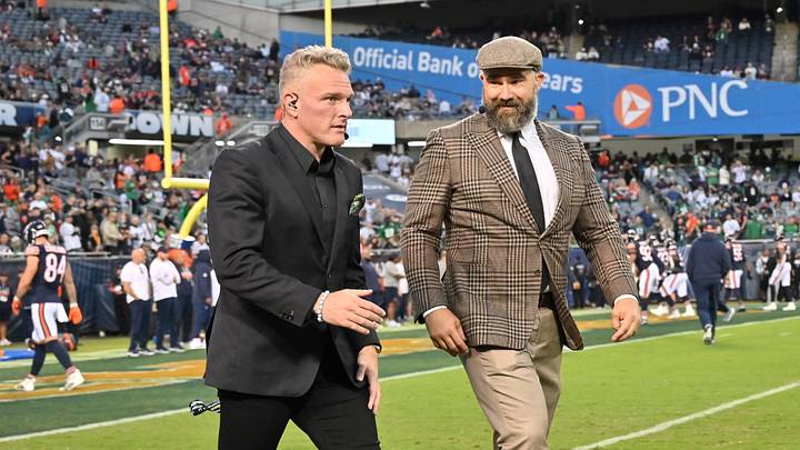 ESPN broadcasters Pat McAfee and Jason Kelce talked some football during Monday night’s game between the Bears and Eagles. ESPN broadcasters Pat McAfee and Jason Kelce talked some football during Monday night’s game between the Bears and Eagles.