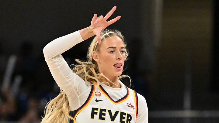 Indiana Fever guard Sophie Cunningham celebrates a three-point shot against the Chicago Sky. Indiana Fever guard Sophie Cunningham celebrates a three-point shot against the Chicago Sky.