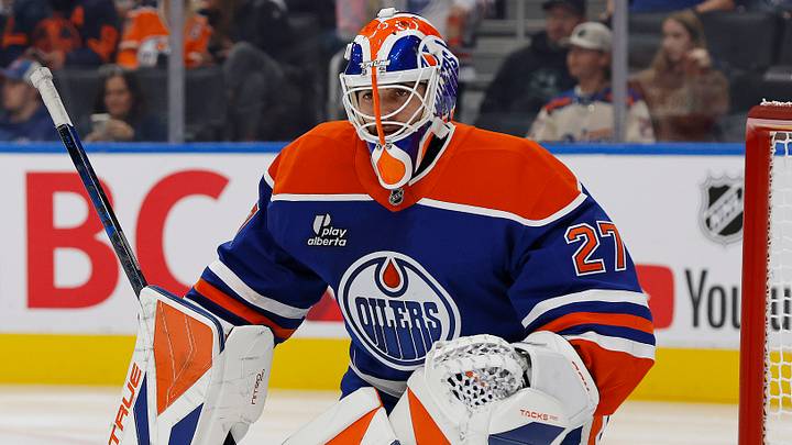 Sep 26, 2026; Edmonton, Alberta, CAN; Edmonton Oilers goaltender Devon Levi (27)  gets ready to face a shot against the Calgary Flames at Rogers Place. Mandatory Credit: Perry Nelson-Imagn Images