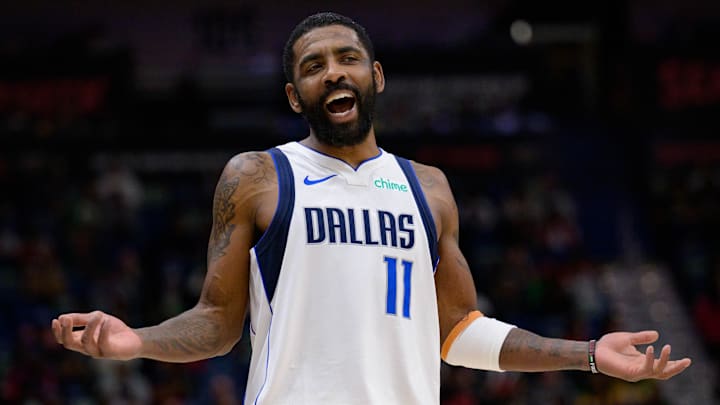 Jan 29, 2025; New Orleans, Louisiana, USA;  Dallas Mavericks guard Kyrie Irving (11) reacts to fan during the second half against the New Orleans Pelicans at Smoothie King Center. Mandatory Credit: Matthew Hinton-Imagn Images