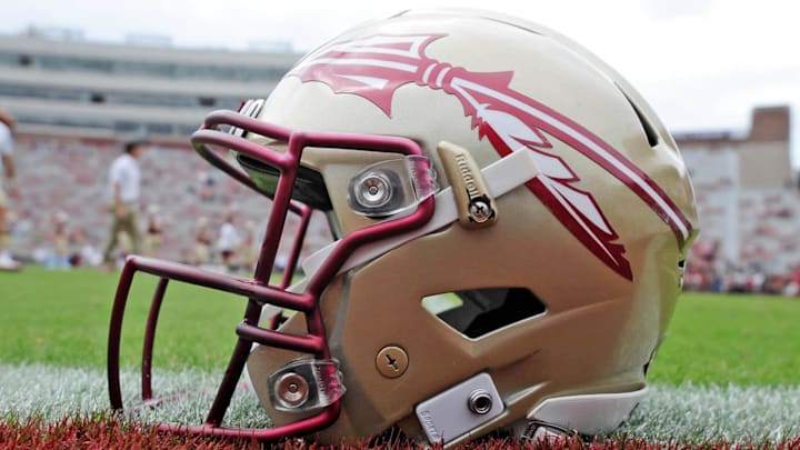 Oct 7, 2017; Tallahassee, FL, USA; View of a Florida State Seminoles helmet on the field before the game against the Miami Hurricanes at Doak Campbell Stadium. Mandatory Credit: Melina Vastola-Imagn Images