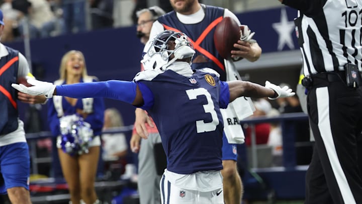 Dallas Cowboys wide receiver George Pickens celebrates after a successful two-point conversion against the Kansas City Chiefs 