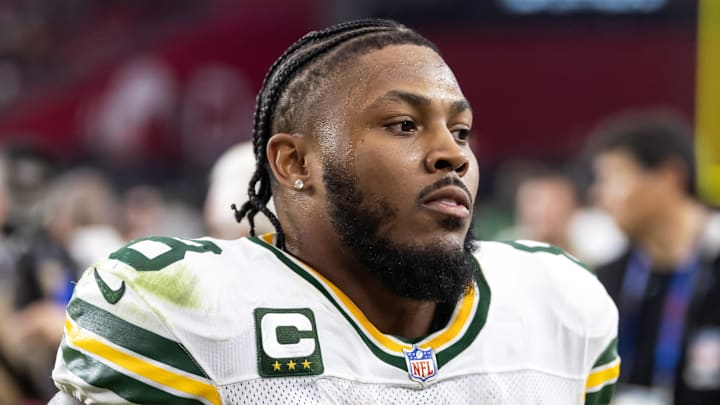 Oct 19, 2025; Glendale, Arizona, USA; Green Bay Packers running back Josh Jacobs (8) against the Arizona Cardinals at State Farm Stadium.