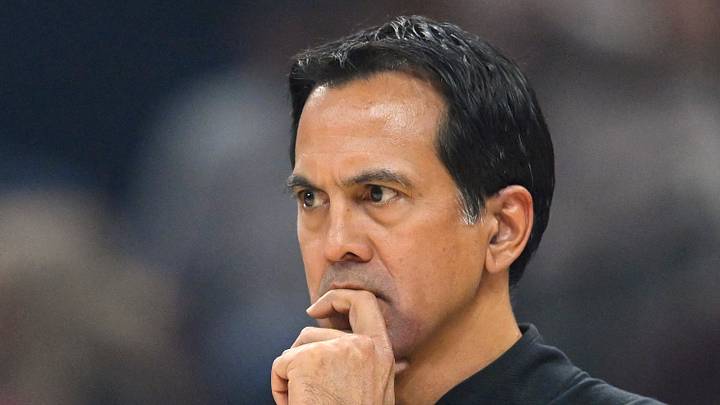 Mar 25, 2026; Cleveland, Ohio, USA; Miami Heat head coach Erik Spoelstra stands on the court in the third quarter against the Cleveland Cavaliers at Rocket Arena. Mandatory Credit: David Richard-Imagn Images